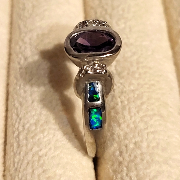 Elegant Amethyst Teal Ito Fire Opal Gemstone .925 Sterling Silver Ring Sz. 8 - Picture 2 of 3